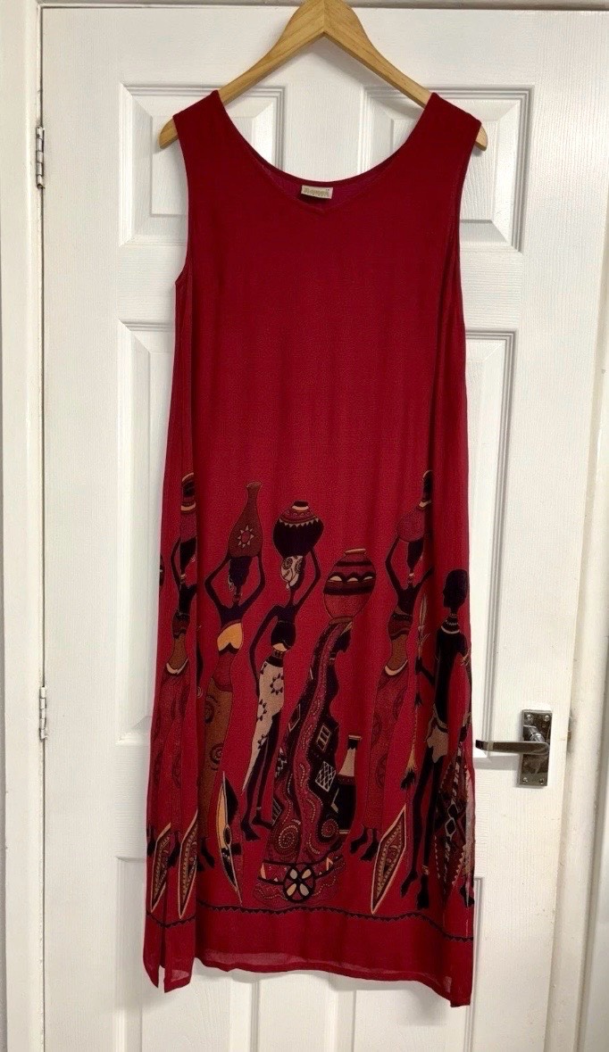 Vintage Roman Burgundy Red African Lady Print Sleeveless Midi Dress Size 14