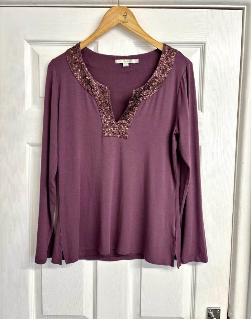 Boden Sequin-Trim Plum Purple Long Sleeve Top Size 14