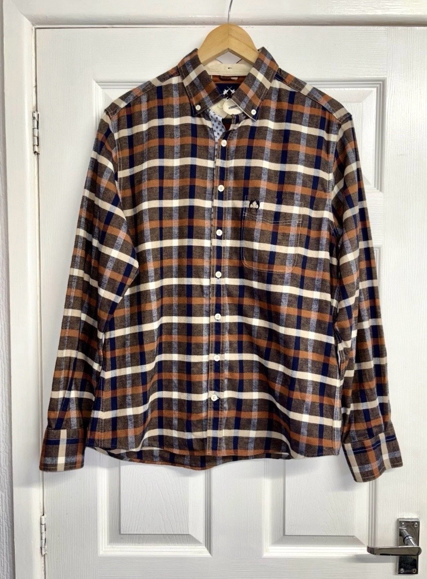 Claudio Campione Brushed Cotton Orange Brown Check Shirt Size Large
