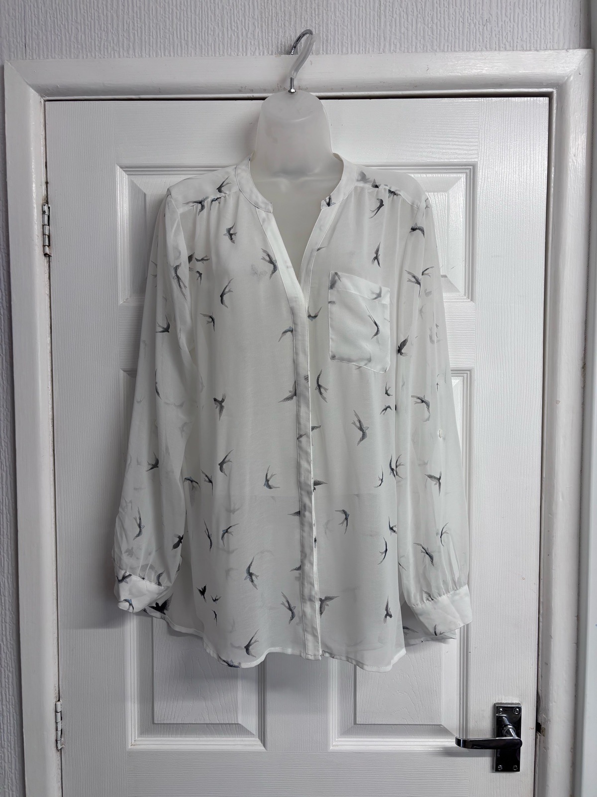 Mint Velvet White Bird Print Sheer Button-Back Blouse - Size 16