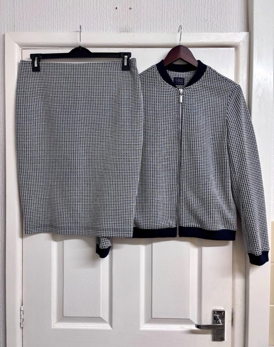M&S Navy & White Geometric Knit Coord Set - Zip Jacket (8) & Pencil Skirt (12)