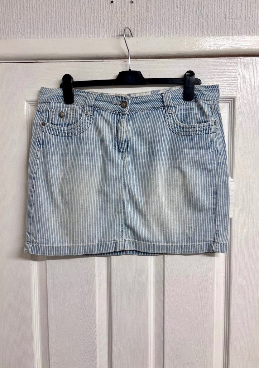 Marks & Spencer Indigo Striped Denim Mini Skirt - Light Blue/White UK 14