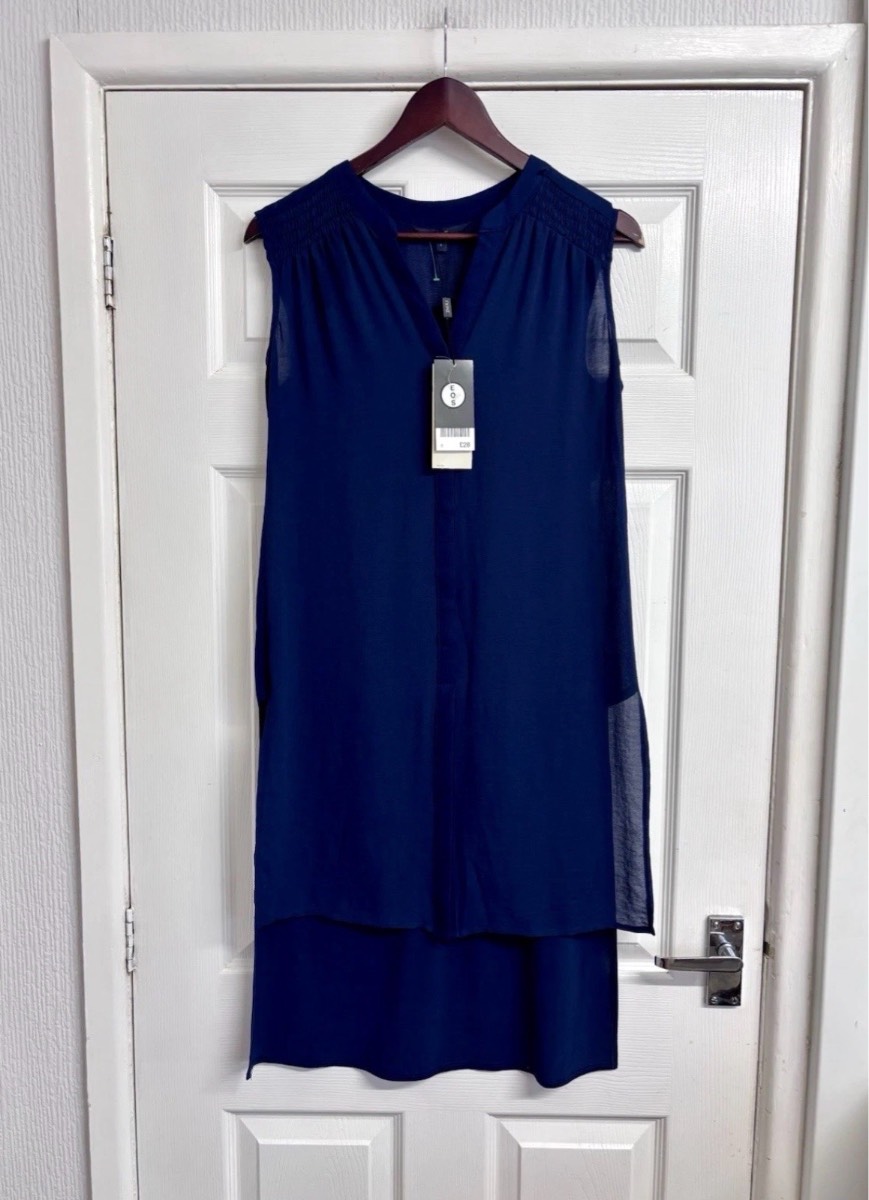 Next Navy Blue Sleeveless High Low Sheer Dress - UK Size 8 New with tags BNWT
