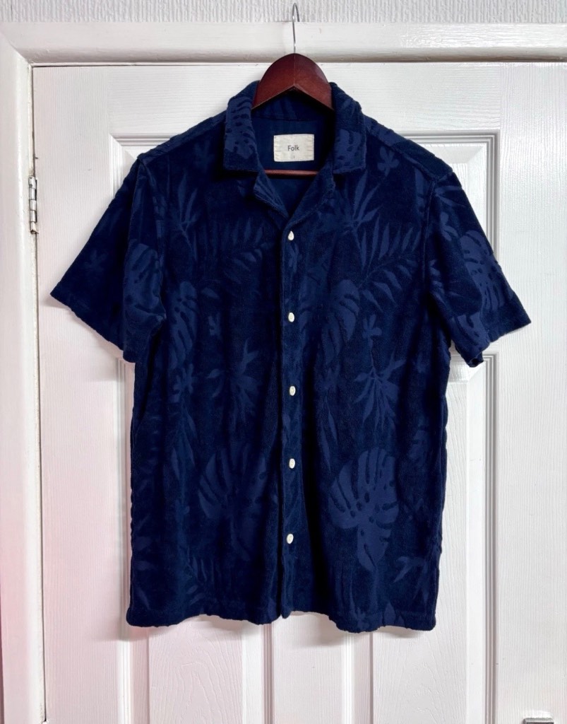 Folk Men’s Navy Blue Leaf Hawaiian Print Terry Towelling Shirt - Size 2 (Small)