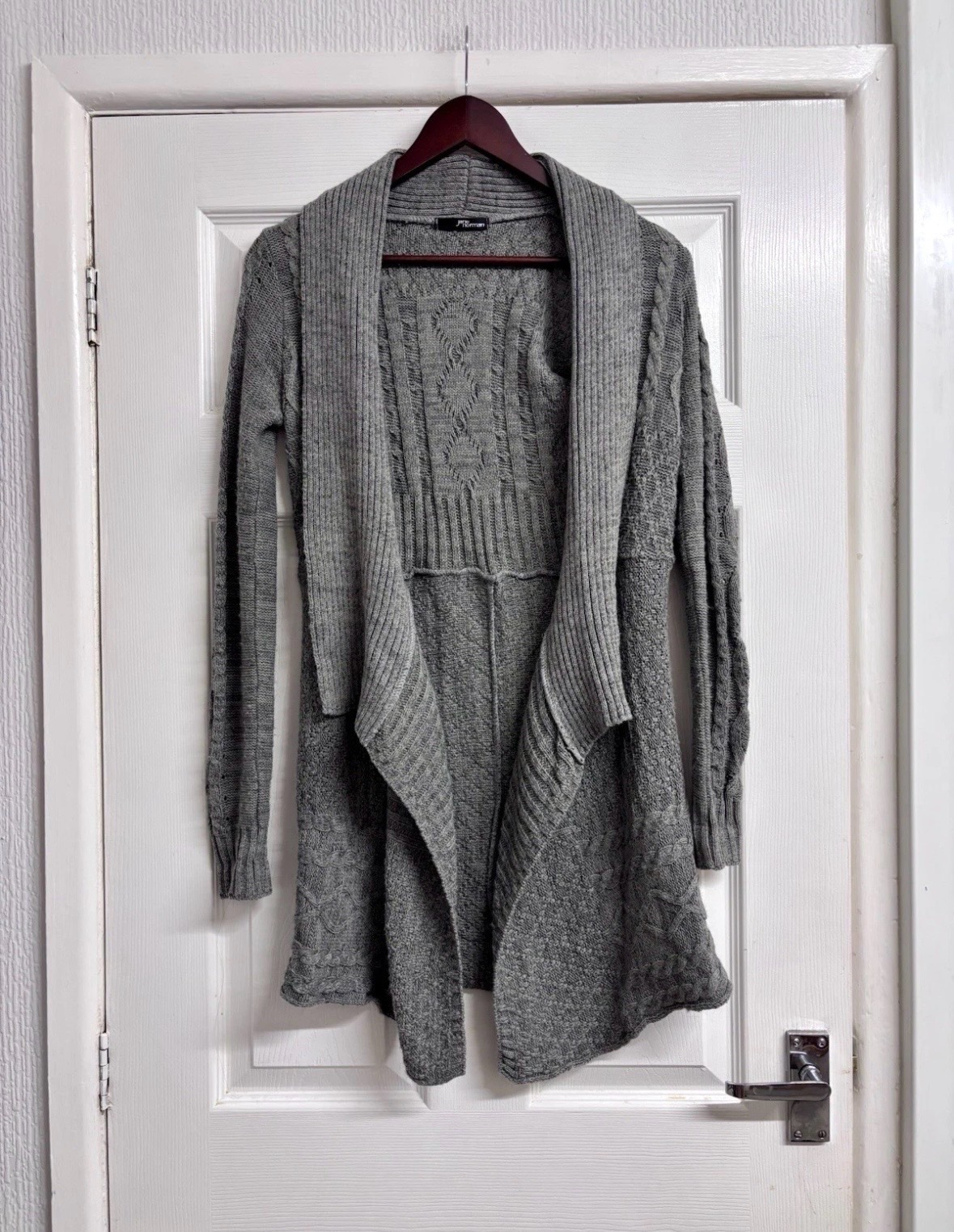 Jane Norman Grey Cable Knit Longline Waterfall Cardigan Size 12
