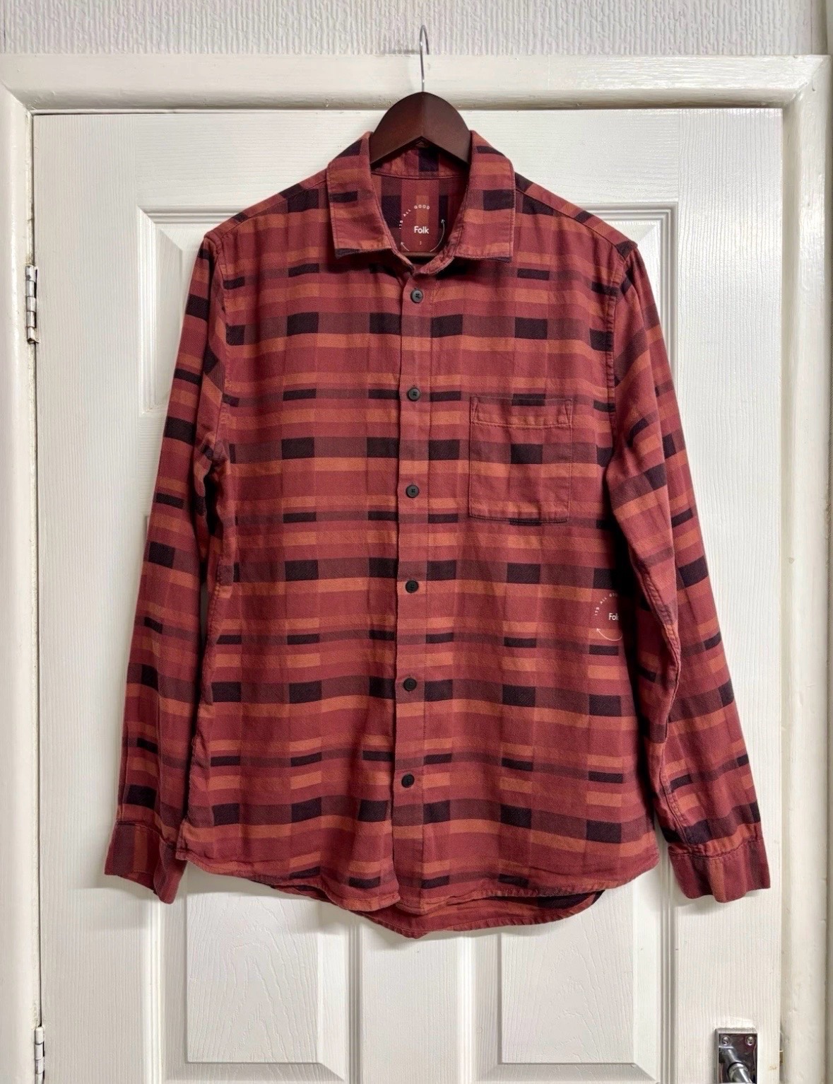 Folk Clothing Red & Burnt Orange Geometric Flannel Long Sleeve Shirt Size 3 UK M