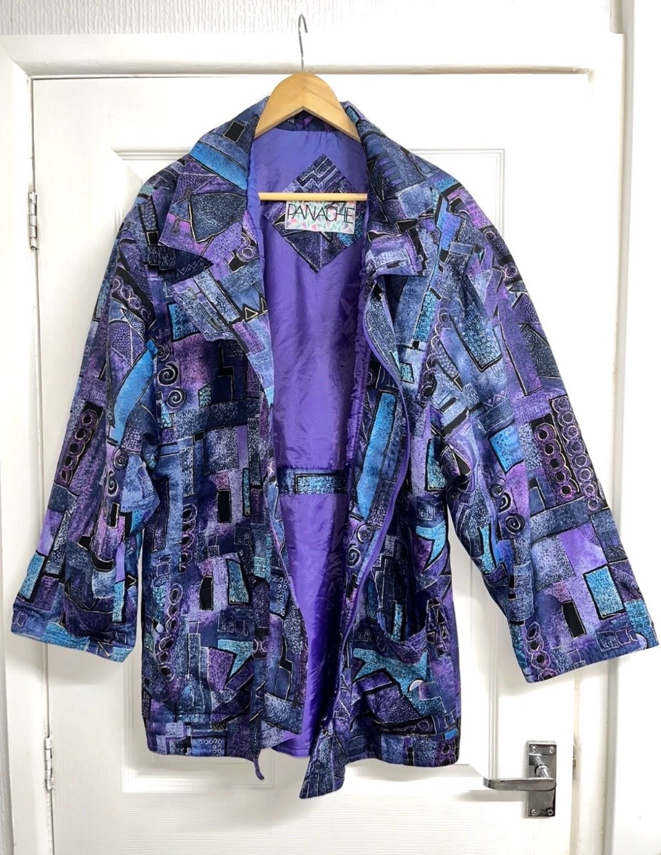 Vintage Panache 80s Abstract Quilted Purple Bomber Jacket Coat Size 14