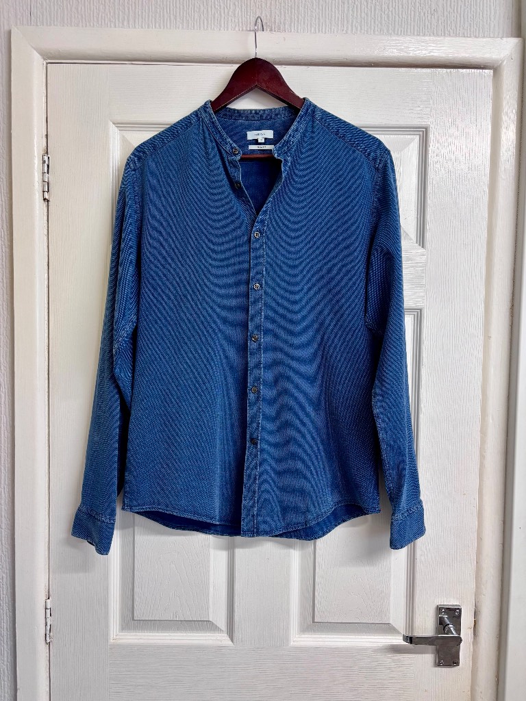 REISS Men's Blue Slim Fit Grandad Collar Shirt Size Medium