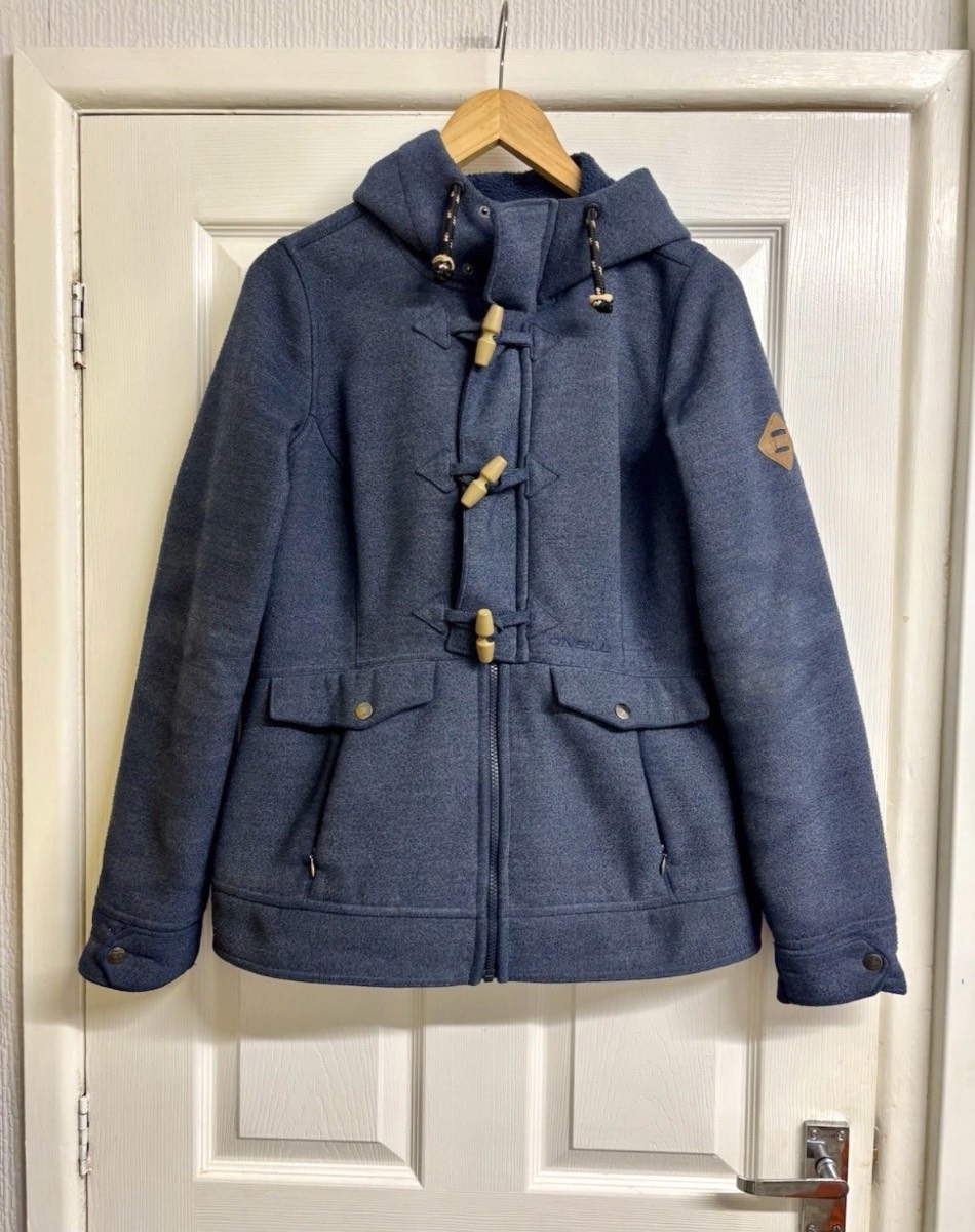 O'Neill Navy Blue Fleece Lined Hooded Duffle Coat Size Medium