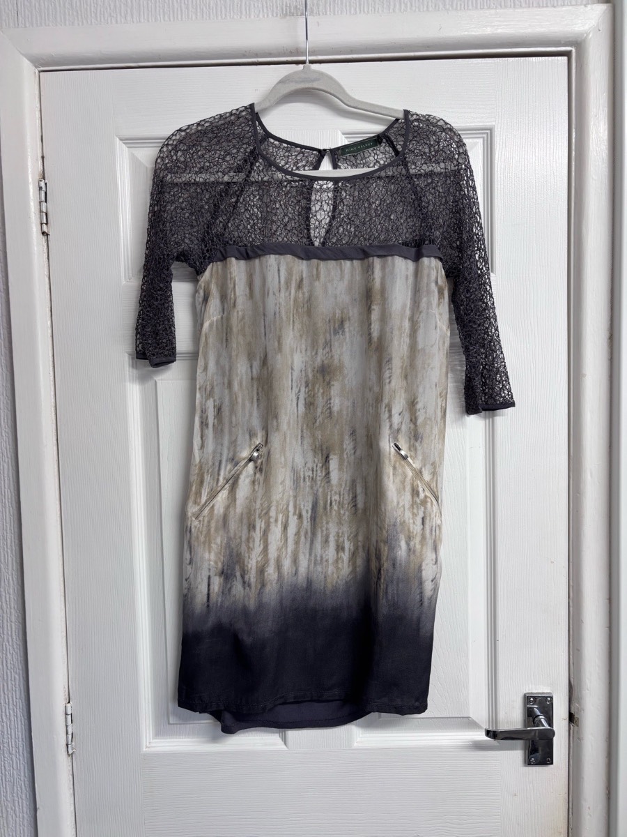 Mint Velvet Size 10 Lace Silk Yoke Shift Dress Ombre / Printed Zip Pockets Grey Tunic