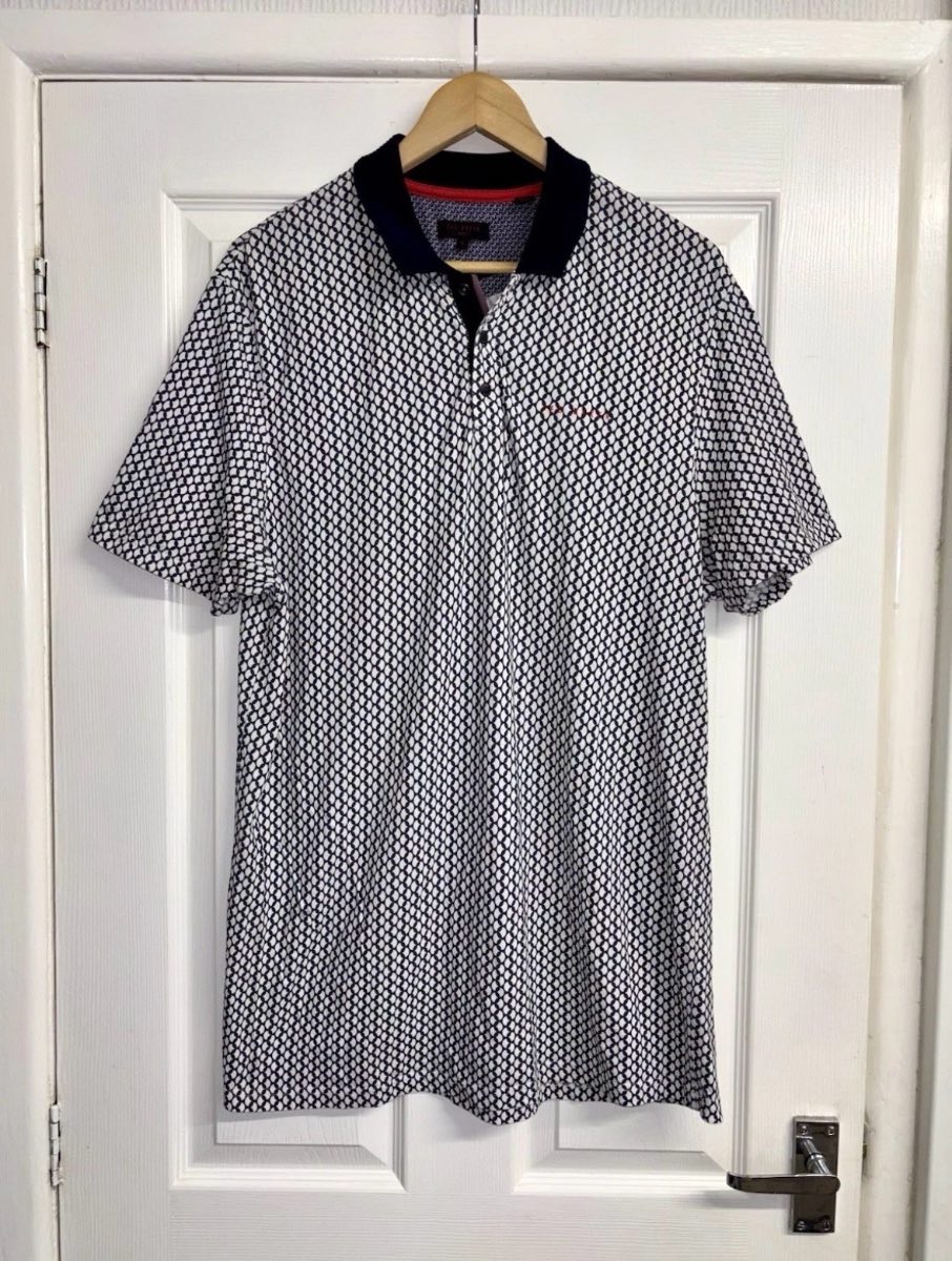 Ted Baker Golf White & Navy Geometric Print Polo Shirt Size Small