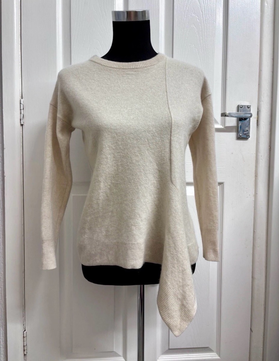 Whistles 100% Cashmere Asymmetrical Hem Knit Sweater Beige - Size Small