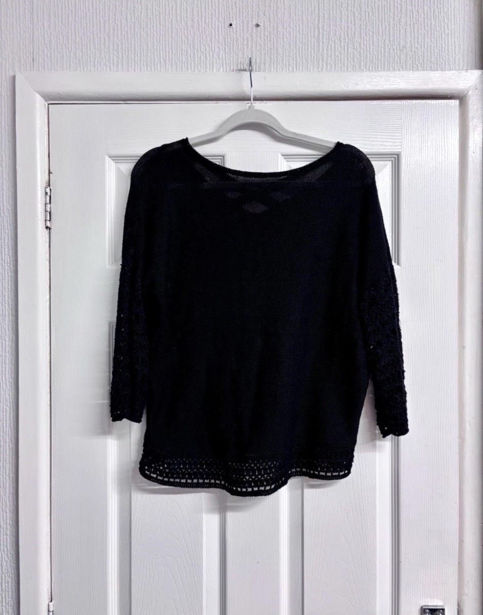 Mint Velvet Black 100% Linen Crochet Detail Knit Top - Size XS