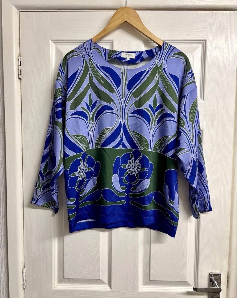 Mirto 1956 Floral Print Blouse Top Purple Blue & Green Satin Size 38 (UK 10)