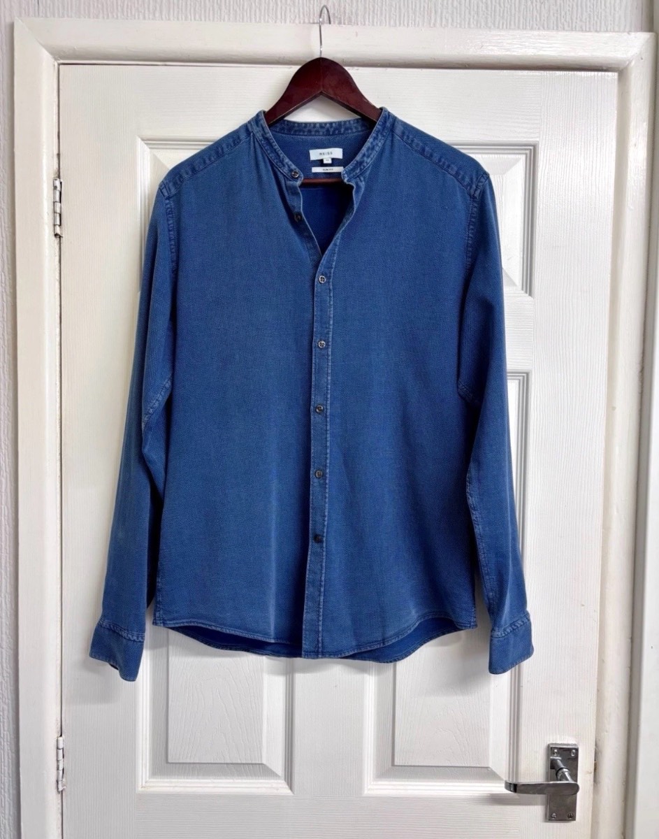 REISS Men's Blue Slim Fit Grandad Collar Denim Style Shirt Size Medium