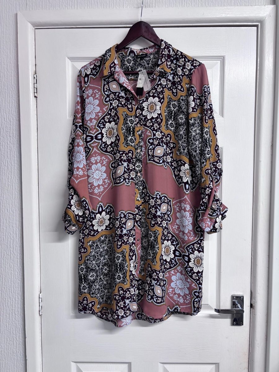 RIVER ISLAND Boho Printed Shirt Dress Pink Patchwork Size UK 14 New With Tags