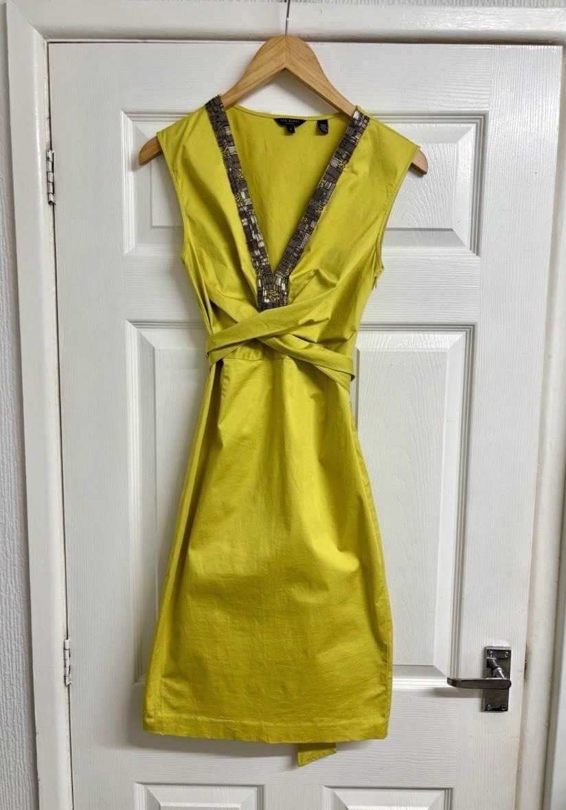 Ted Baker Yellow Green Beaded Cocktail Party Dress Size UK 8