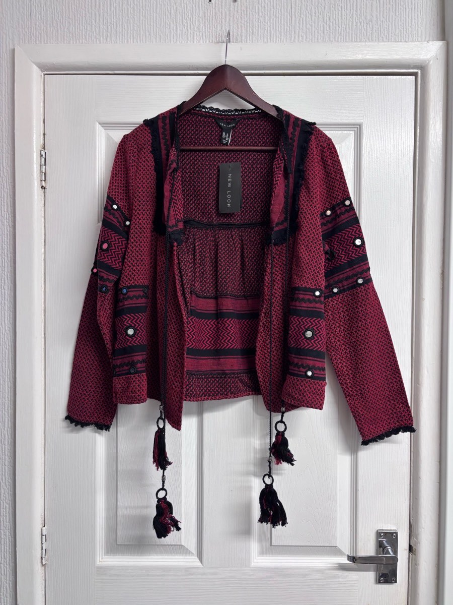 New Look Boho Red & Black Embroidered Mirror Cardigan Size UK 14 New With Tags