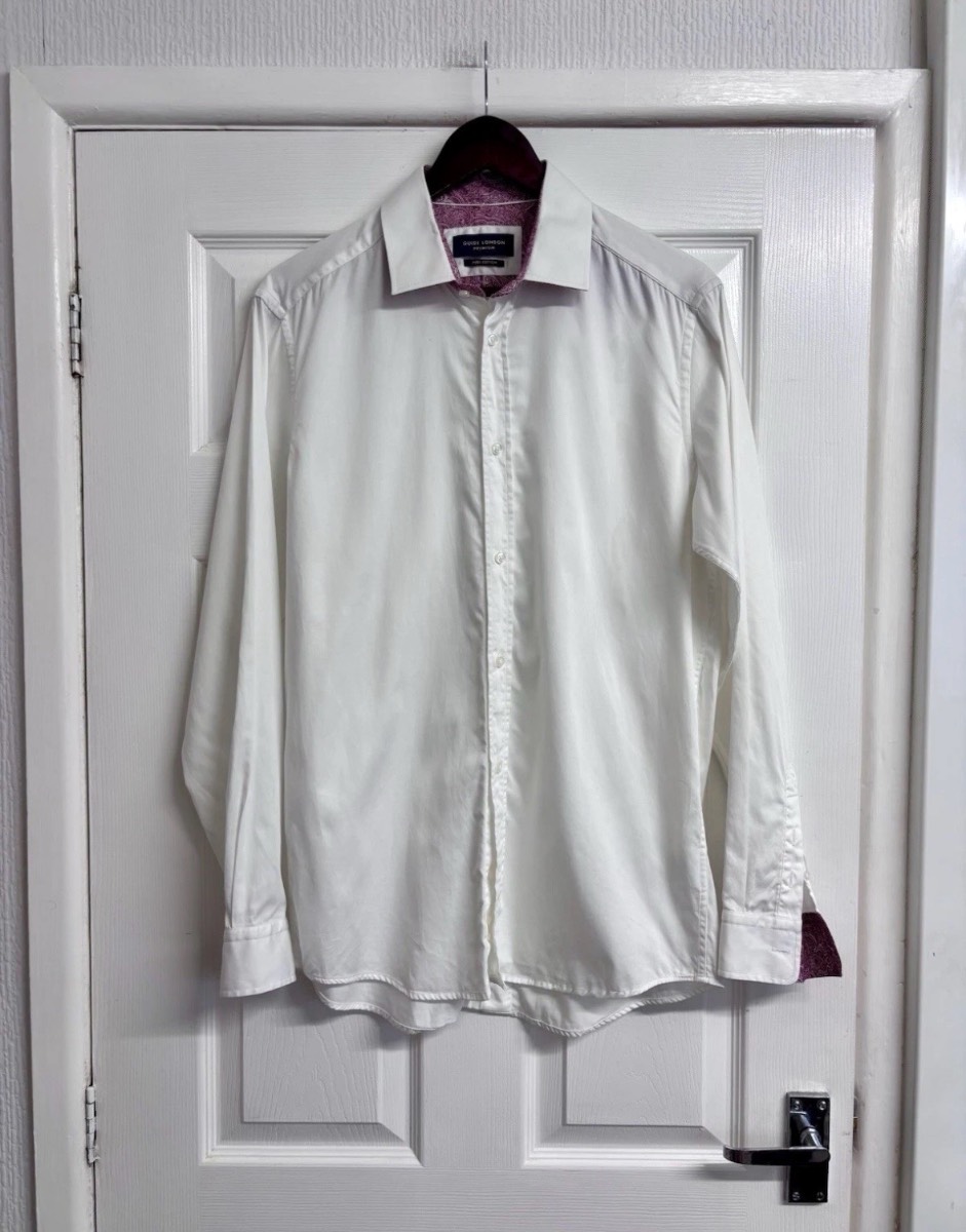Guide London Premium White Cotton Long Sleeve Shirt Pink Paisley Trim Size Large
