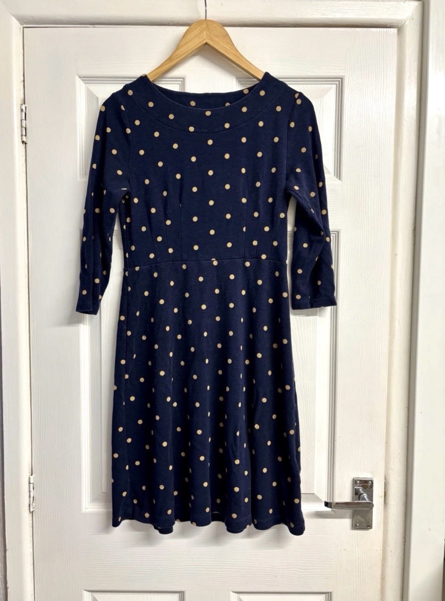Joules Navy Blue & Gold Polka Dot 3/4 Sleeve  Jersey Midi Dress UK 12