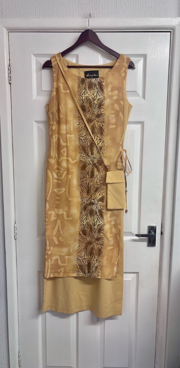Farouche by Lori Weidner Vintage Yellow Batik Layered Midi Dress & Bag UK 14