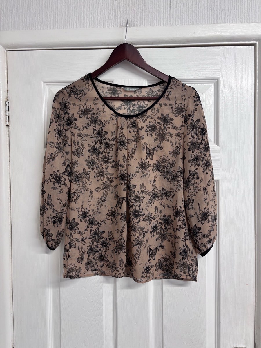 M&S Woman Beige & Black Floral Butterfly Sheer Blouse Top UK 12