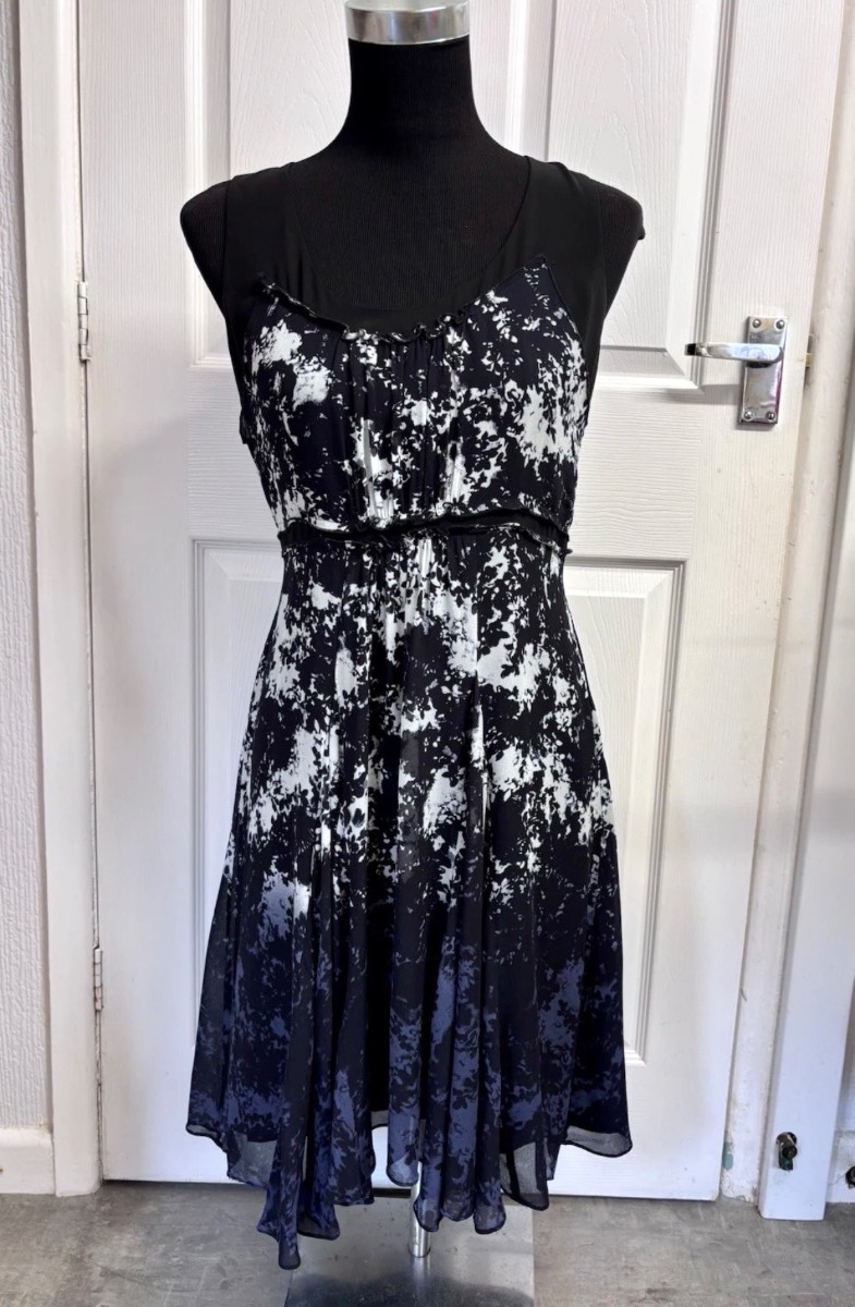 Mint Velvet Black & Blue Abstract Floral Print Chiffon Midi Dress - Size 10