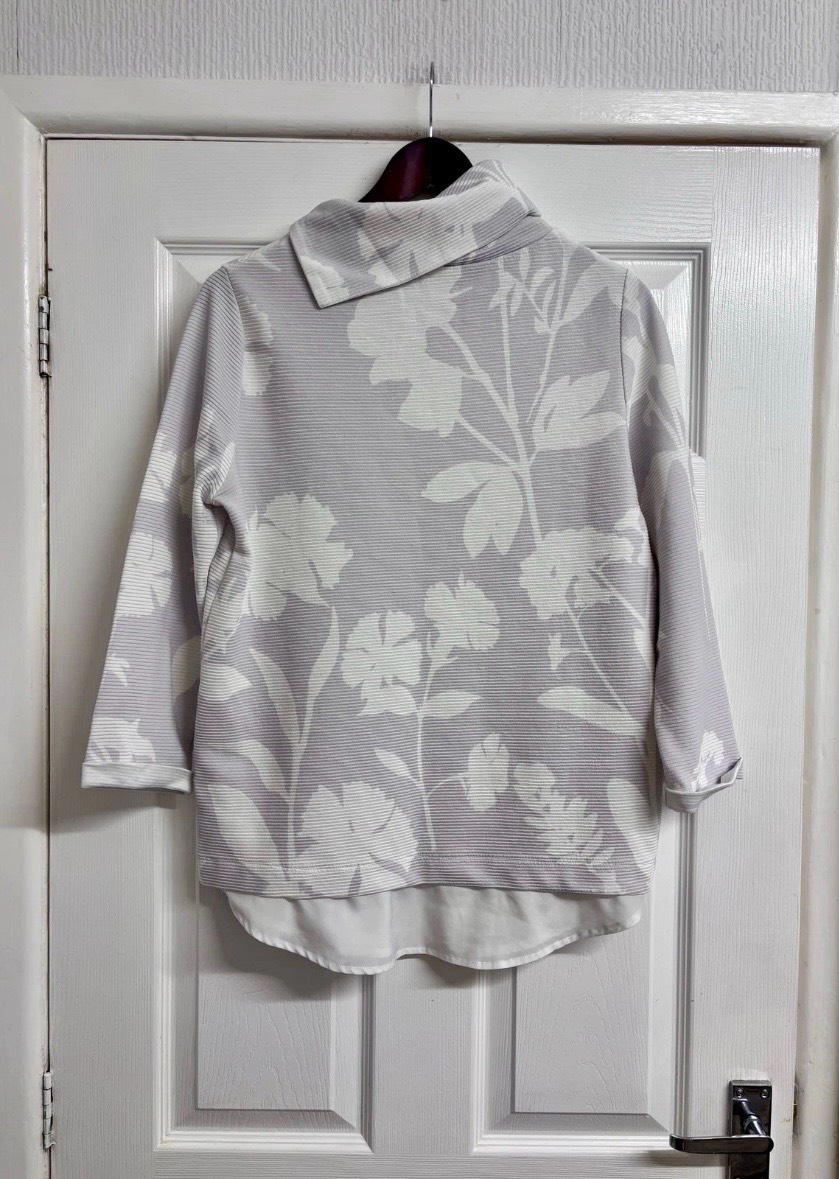 Phase Eight Grey Floral Ribbed Top with Shirt Hem UK Size 12