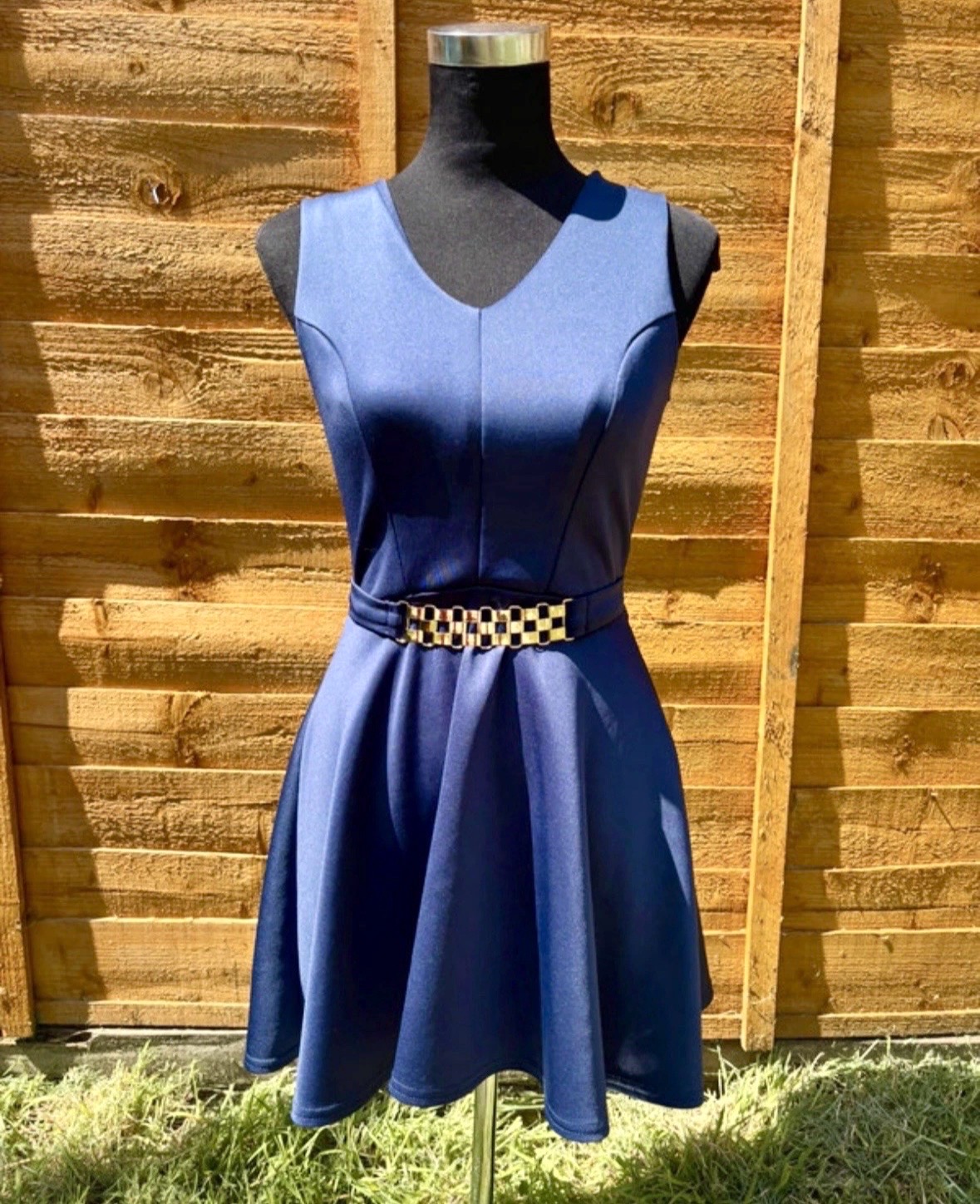 Club L Navy Blue Sleeveless Belted Skater Party Mini Dress UK Size 10