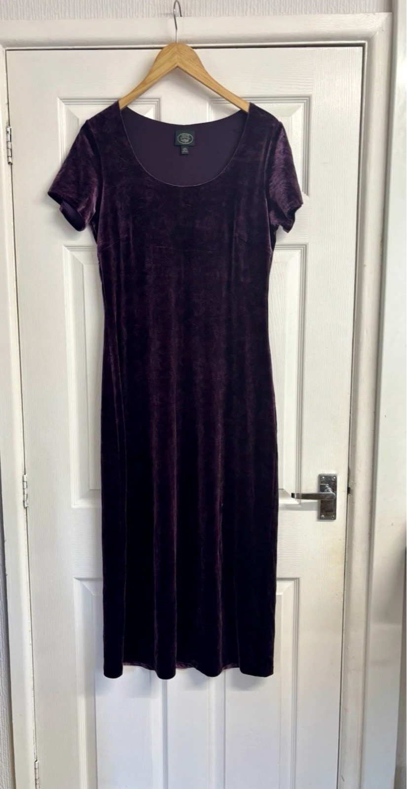 Vintage Laura Ashley Deep Purple Velvet Damask Print Midi Dress Size Medium Tall