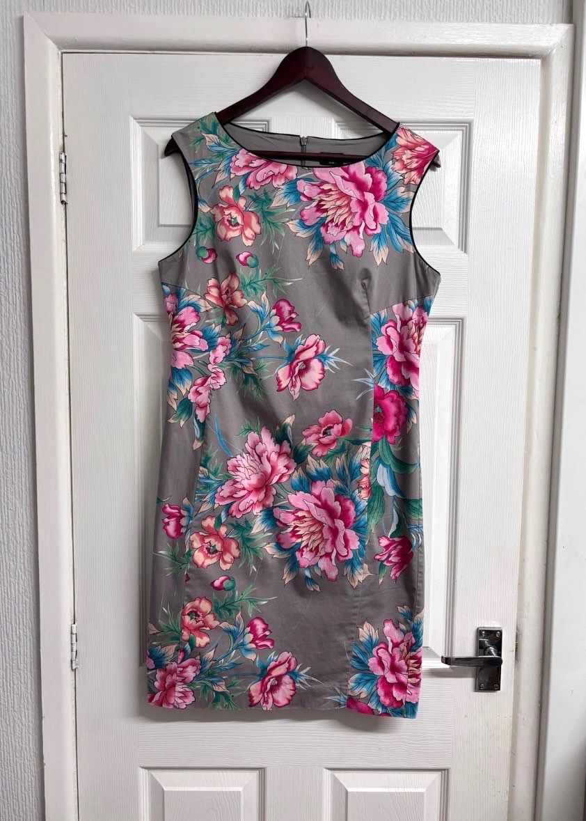 Oasis Grey & Pink Floral Sleeveless Dress Size 14