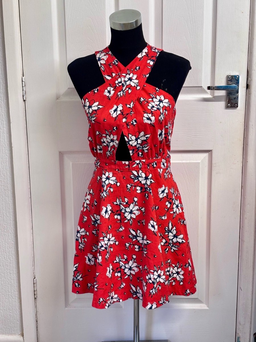 Abercrombie & Fitch Red Floral Cross-Neck Cutout Mini Dress - Size Medium