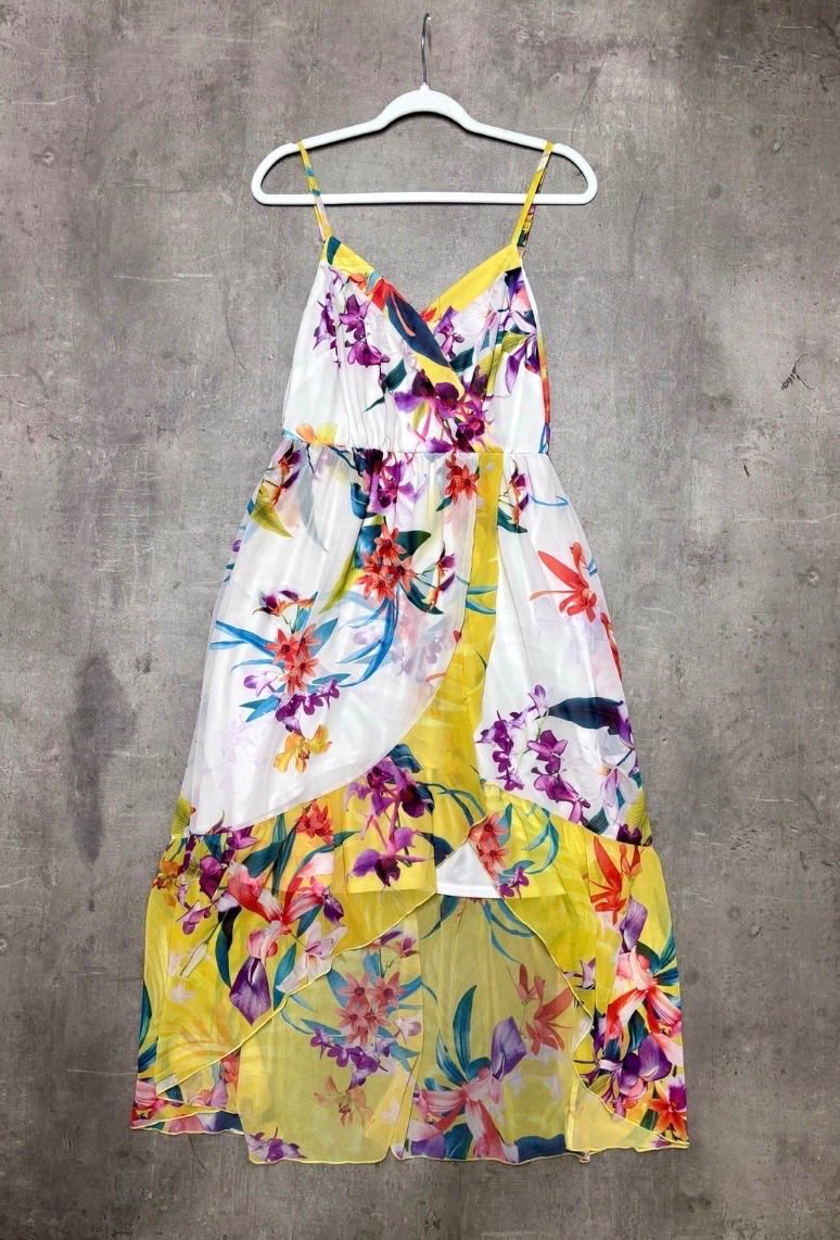 Lipsy London Floral White & Yellow High-Low Maxi Dress - Size UK 10