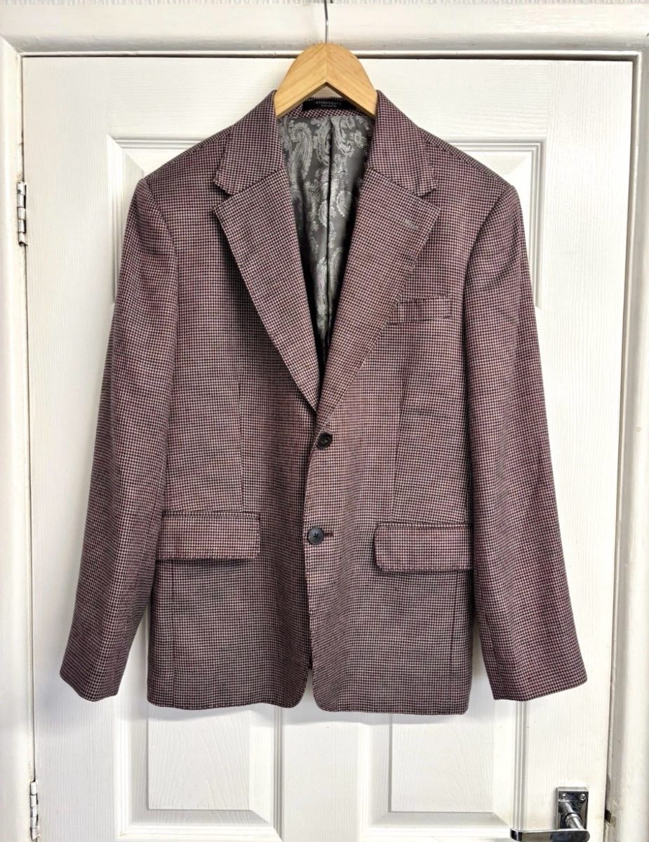 StudioSuits Handcrafted Italian Blazer Jacket Burgundy Grey Houndstooth Size 38S