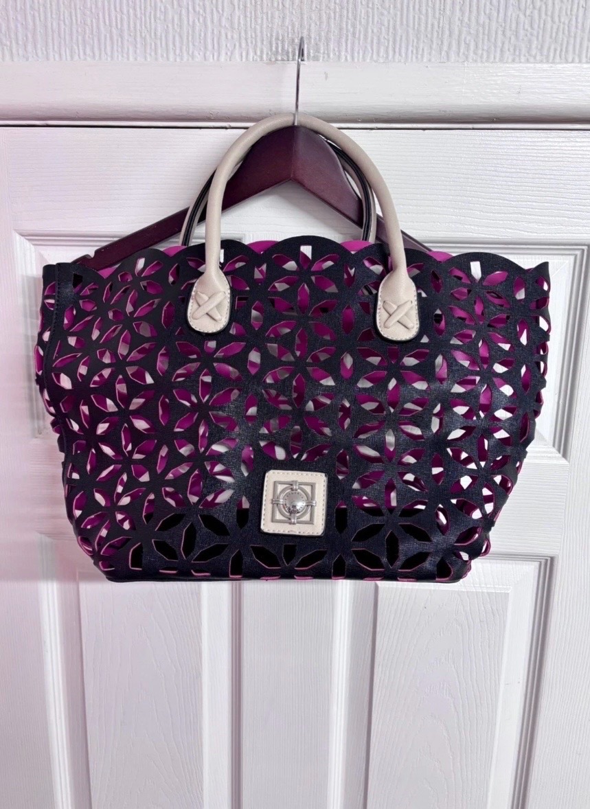 Catherine Malandrino Black & Pink Laser Cut Tote Handbag Medium Size