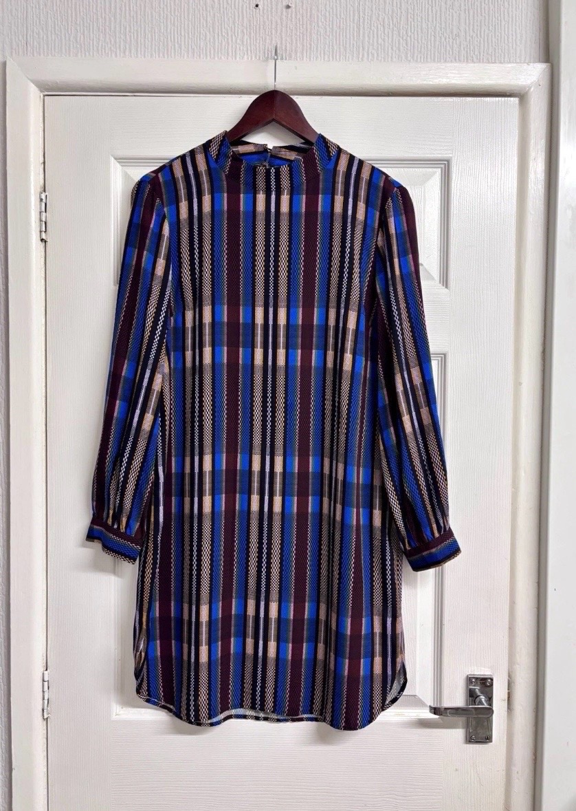 Hush Blue Multicoloured Plaid Check High Neck Long Sleeve Mini Dress Size 10