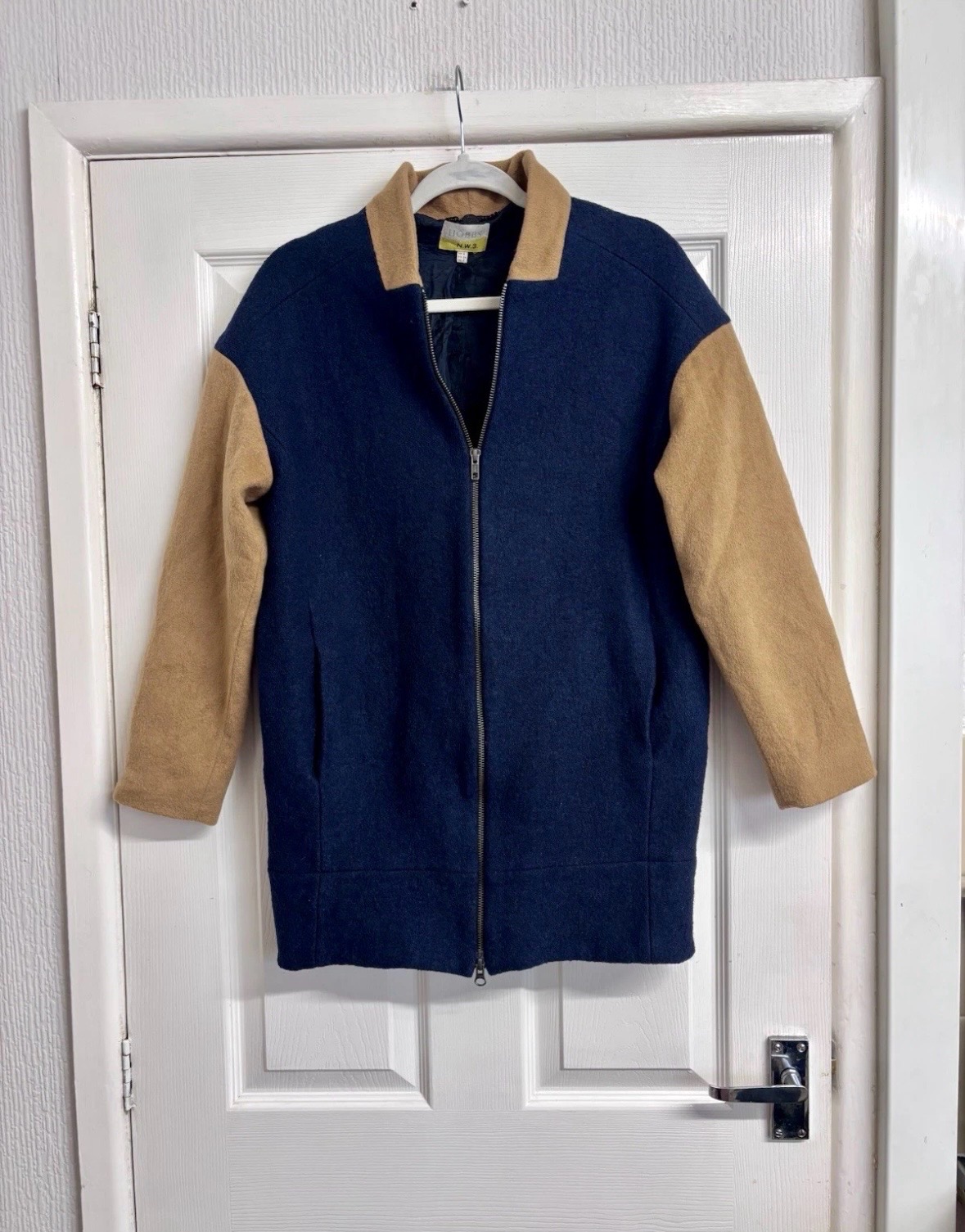 Hobbs N.W.3. Blue & Tan Wool Blend Varsity Bomber Jacket - Size UK 8