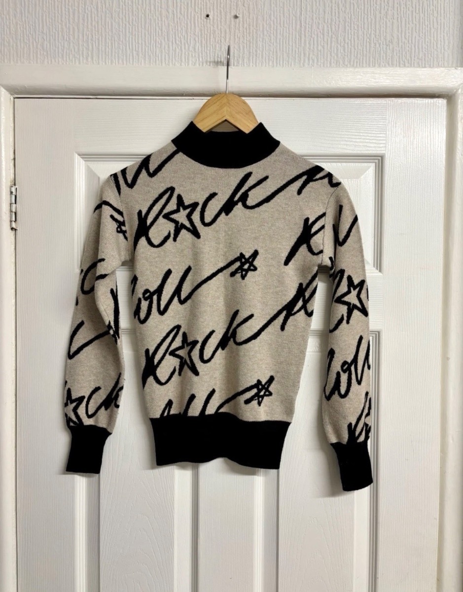 Mint Velvet Slogan High Neck Jumper Black Beige Wool Blend UK Size XS