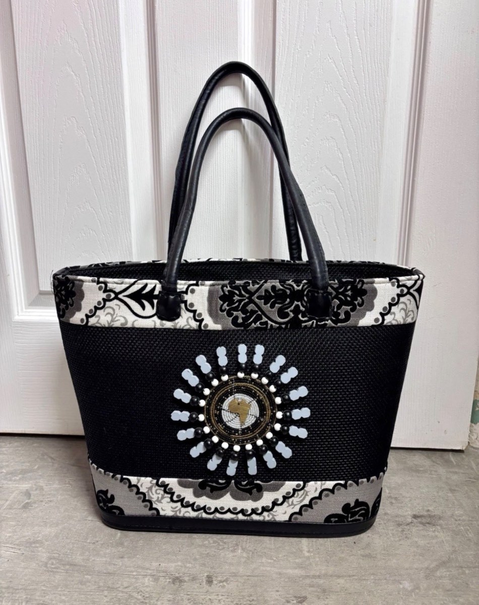 Handmade African Beaded Tote Bag – Black & White Damask Print Africa Charm