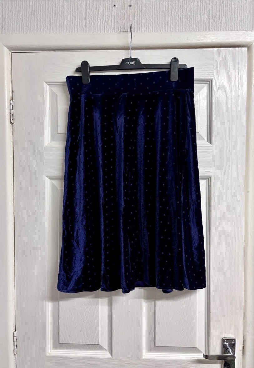 Marks & Spencer Navy Blue Polka Dot Velvet Midi Skirt Size 14