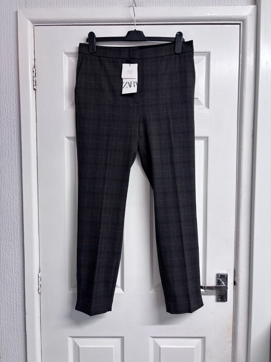 Zara Checked Smart Tailored Trousers Grey Plaid Size XL New With Tags