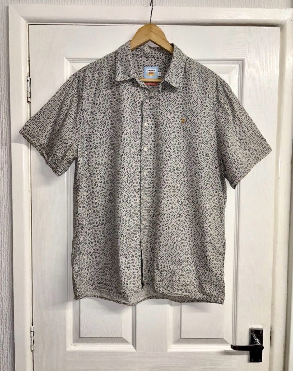 Farah Square Print Patterned Sage Green Men’s Short Sleeve Shirt Size XL