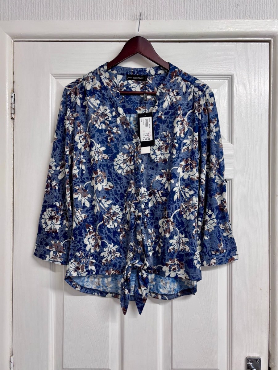 Just Elegance Navy Floral Print Tie-Front Blouse - Size Small New with Tags