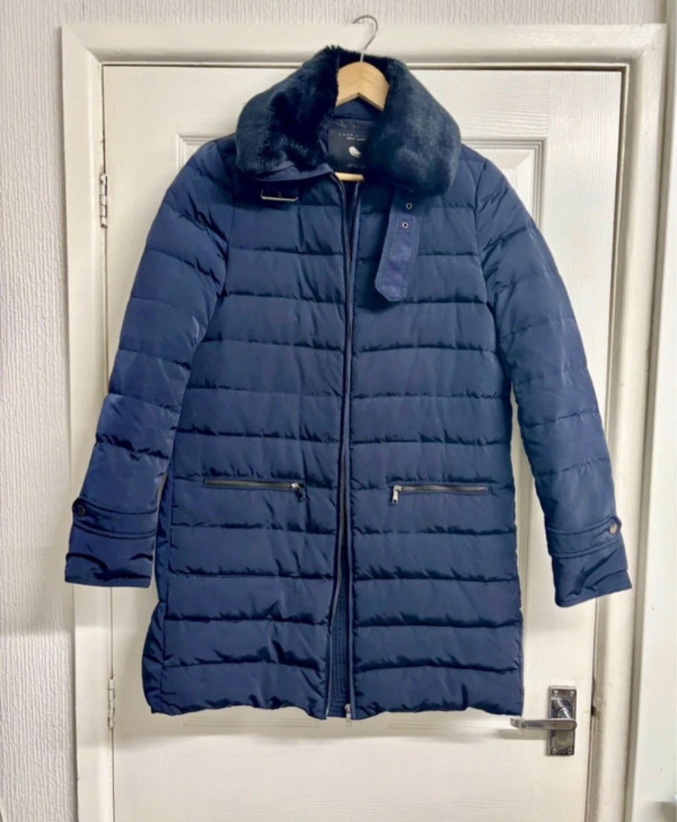 Zara Navy Blue Puffer Down Jacket Coat with Faux Fur Collar Size Medium