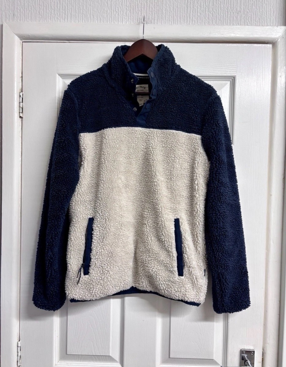 FatFace Blue & Cream Sherpa Fleece Quarter Button Jumper Top Size XS