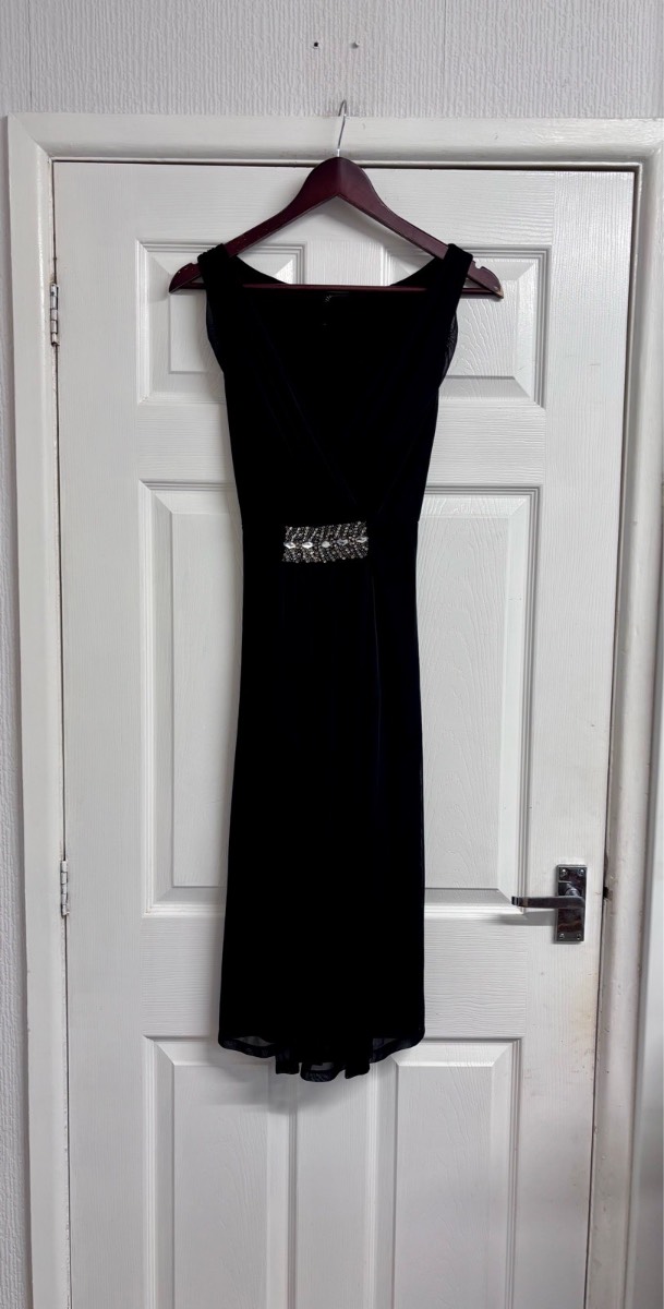 Principles Black Embellished Waist V-Neck Midi Dress - Size UK 12