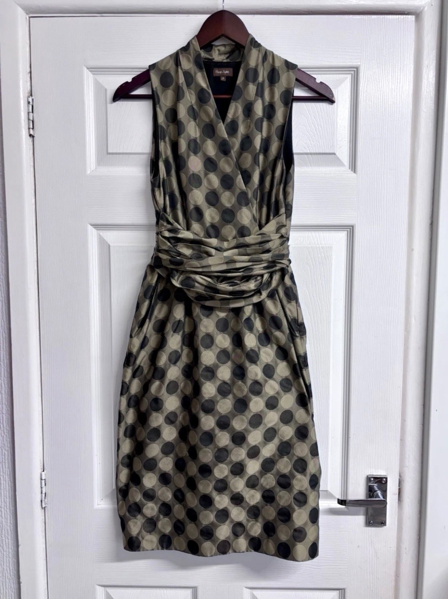 Phase Eight Metallic Bronze Brown Polka Dot Wrap Front Midi Dress - UK Size 8