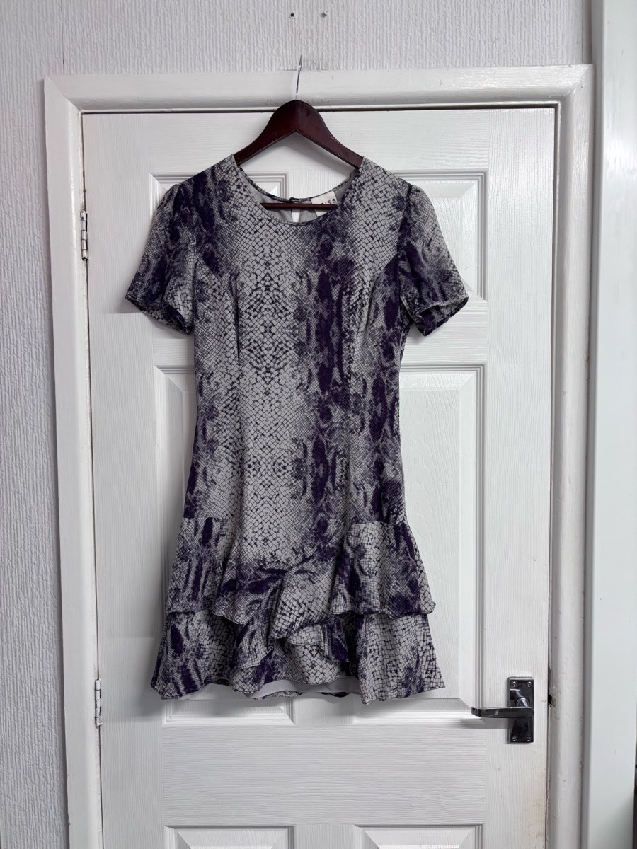 REISS 100% Silk Snake Print Ruffle Mini Dress Purple & Grey - Size UK 10