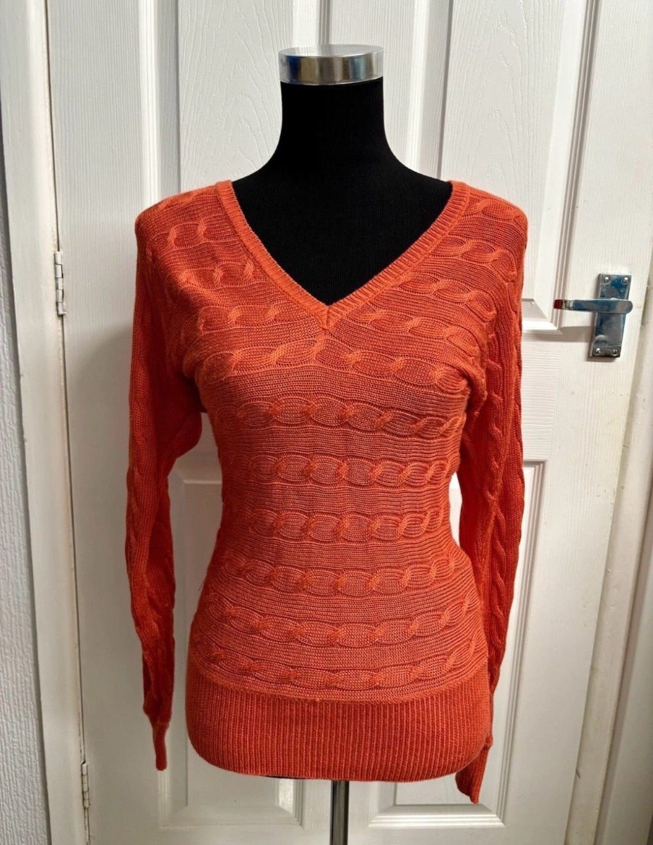 Ralph Lauren Orange Cable Knit V-Neck Sweater Cotton Blend Size XS