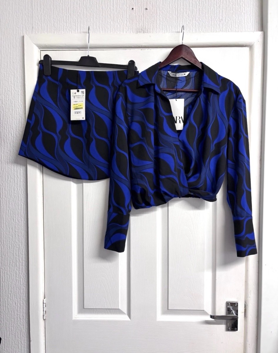 Zara Blue & Black Co-Ord Set Cropped Shirt & Mini Skirt Size S New With Tags NWT